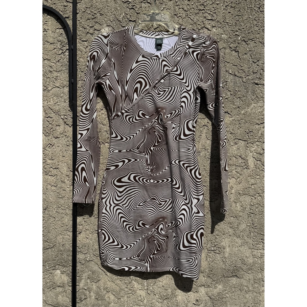 Wild Fable‎ Swirl Print Bodycon Mini Dress Brown White Long Sleeve Sz XS